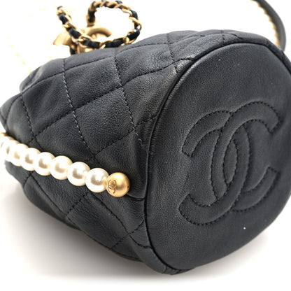 Calfskin Quilted Pearl Mini About Pearls Drawstring Bucket Bag Black