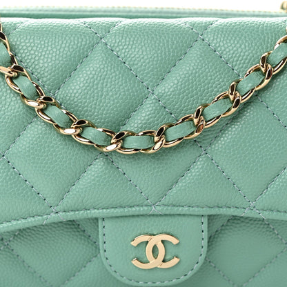 Caviar Quilted Flap Phone Holder With Chain Turquoise