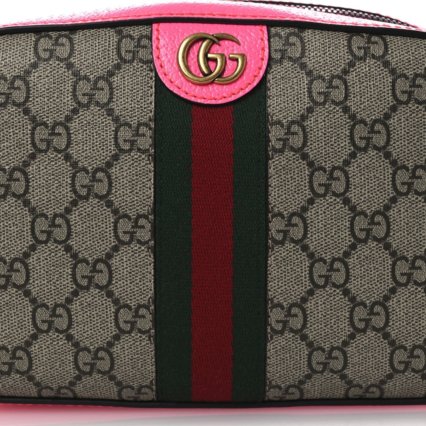 GG Supreme Monogram Textured Dollar Calfskin Web Ophidia Small Crossbody Bag Beige Ebony Fuchsia