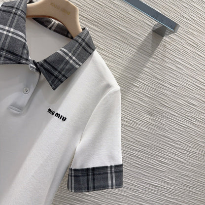 Miu SS26 Set Polo Shirt Pleated Skirt White Charcoal Grey Polyester Cotton 351269