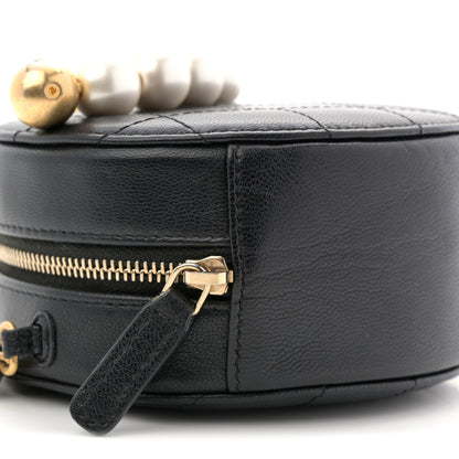 Goatskin Quilted Chic Pearls Chain Round Clutch With Chain Black