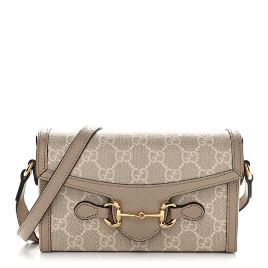 GG Supreme Monogram Textured Dollar Calfskin Mini Horsebit 1955 Shoulder Bag Beige Mystic White Oatmeal