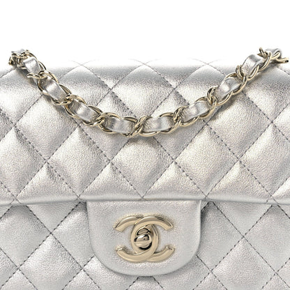Metallic Lambskin Quilted Mini Rectangular Flap Silver