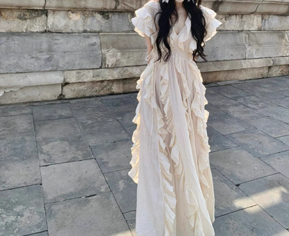 Beautiful little skirt exquisite dress ruffled V-neck waist long skirt R0703