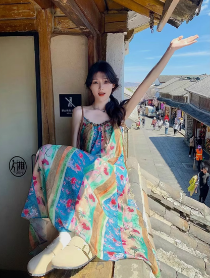Fairy ethnic style holiday travel wear floral suspender long skirt loose oil painting dress R1750