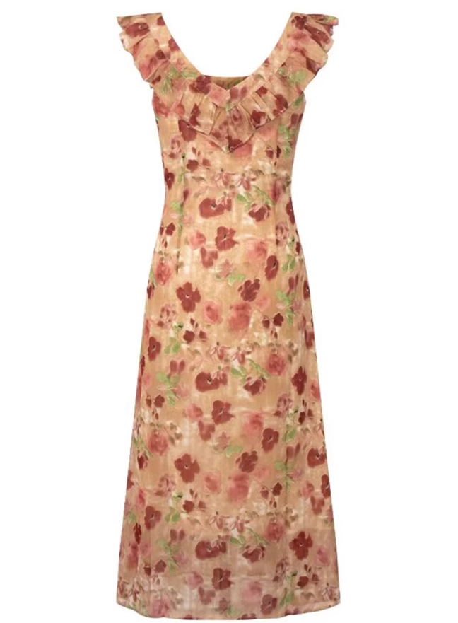2025 Summer New French Romantic Floral Sweet Waist Flying Sleeveless Dress R0937