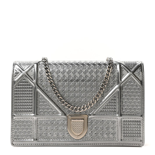 Metallic Patent Micro-Cannage Diorama Wallet on Chain Pouch Silver