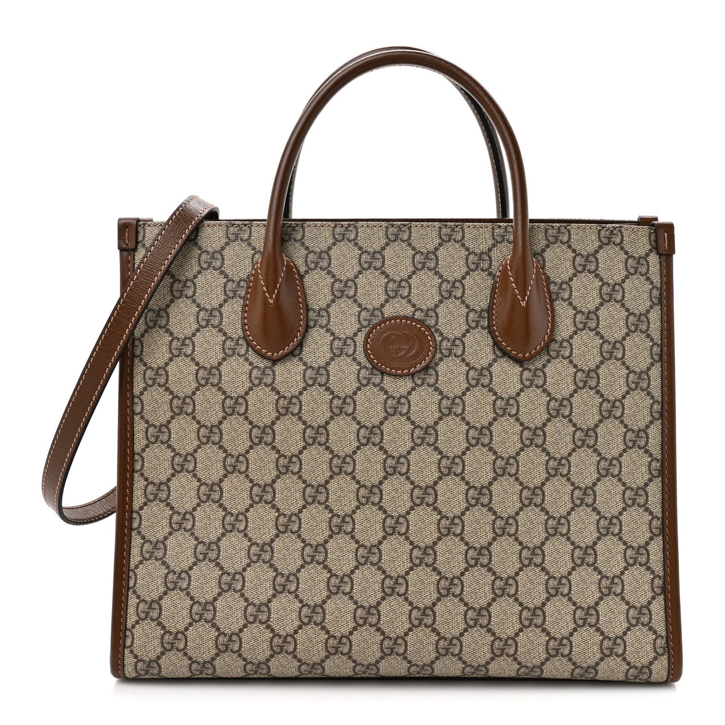 GG Supreme Monogram Azalea Calfskin Small Retro Interlocking G Tote Bag Beige Ebony Brown Sugar