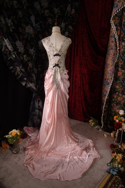 Vintage Pink Satin Mermaid Beaded Bodice Draped Evening Gown TP5110