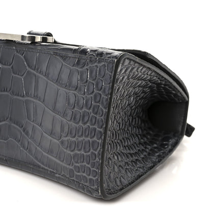 Shiny Calfskin Crocodile Embossed Small Hourglass Top Handle Bag Dark Grey