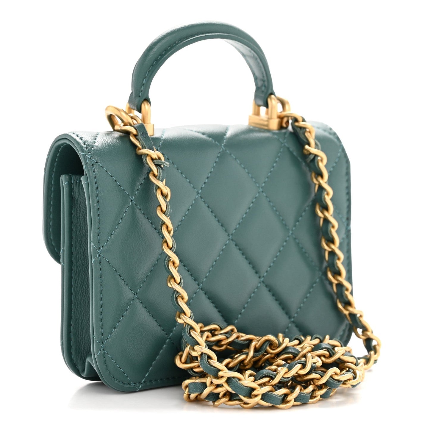 Lambskin Quilted Top Handle Flap Coin Purse With Chain Green