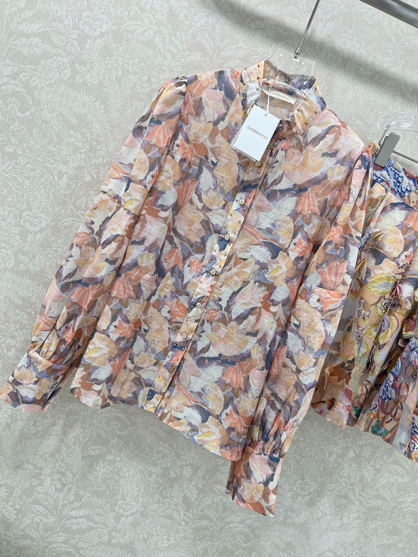 ZIMMER STAND-COLLAR PRINTED STUDDED TOP AND HIGH-WAIST FLARED SKIRT SET