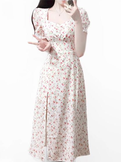 2025 summer new French pink floral girl age-reducing waist long dress R0921