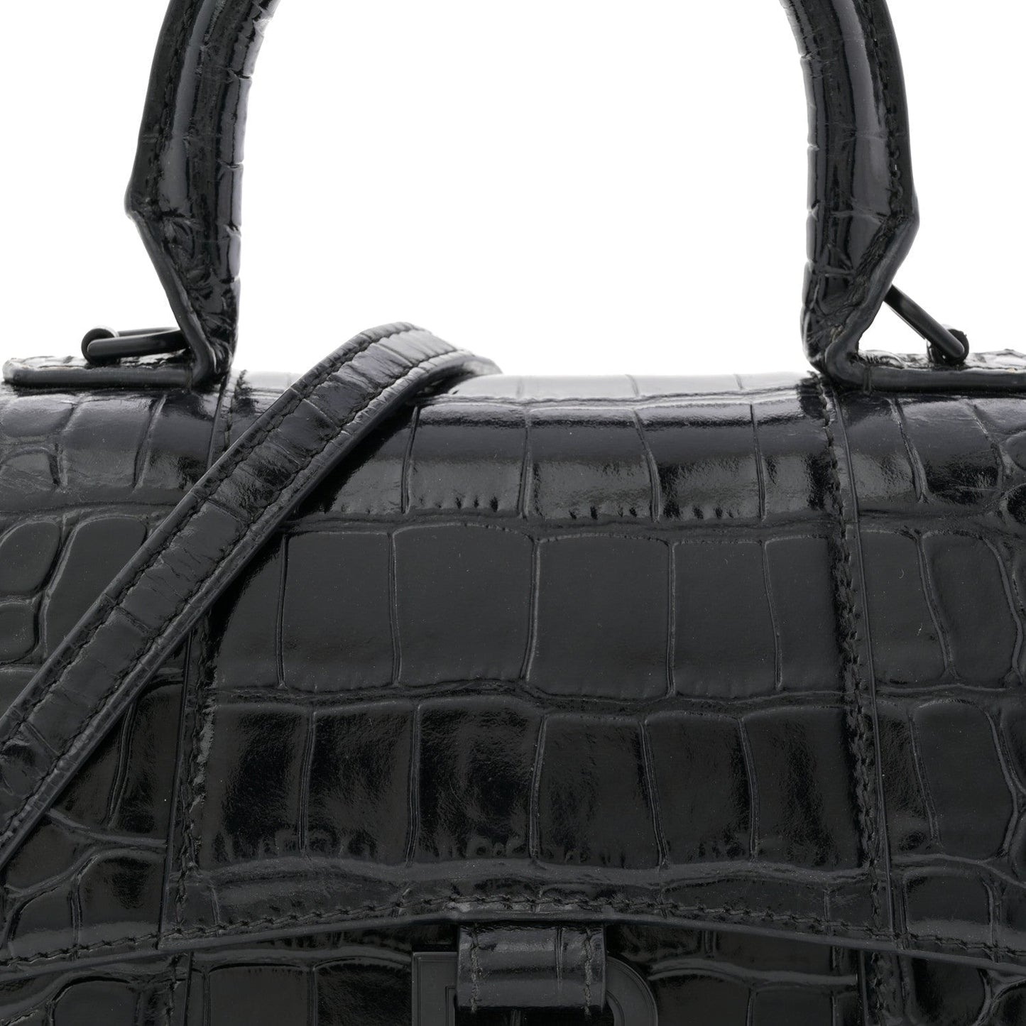 Shiny Calfskin Monochrome Crocodile Embossed Hourglass Top Handle Bag XS Black