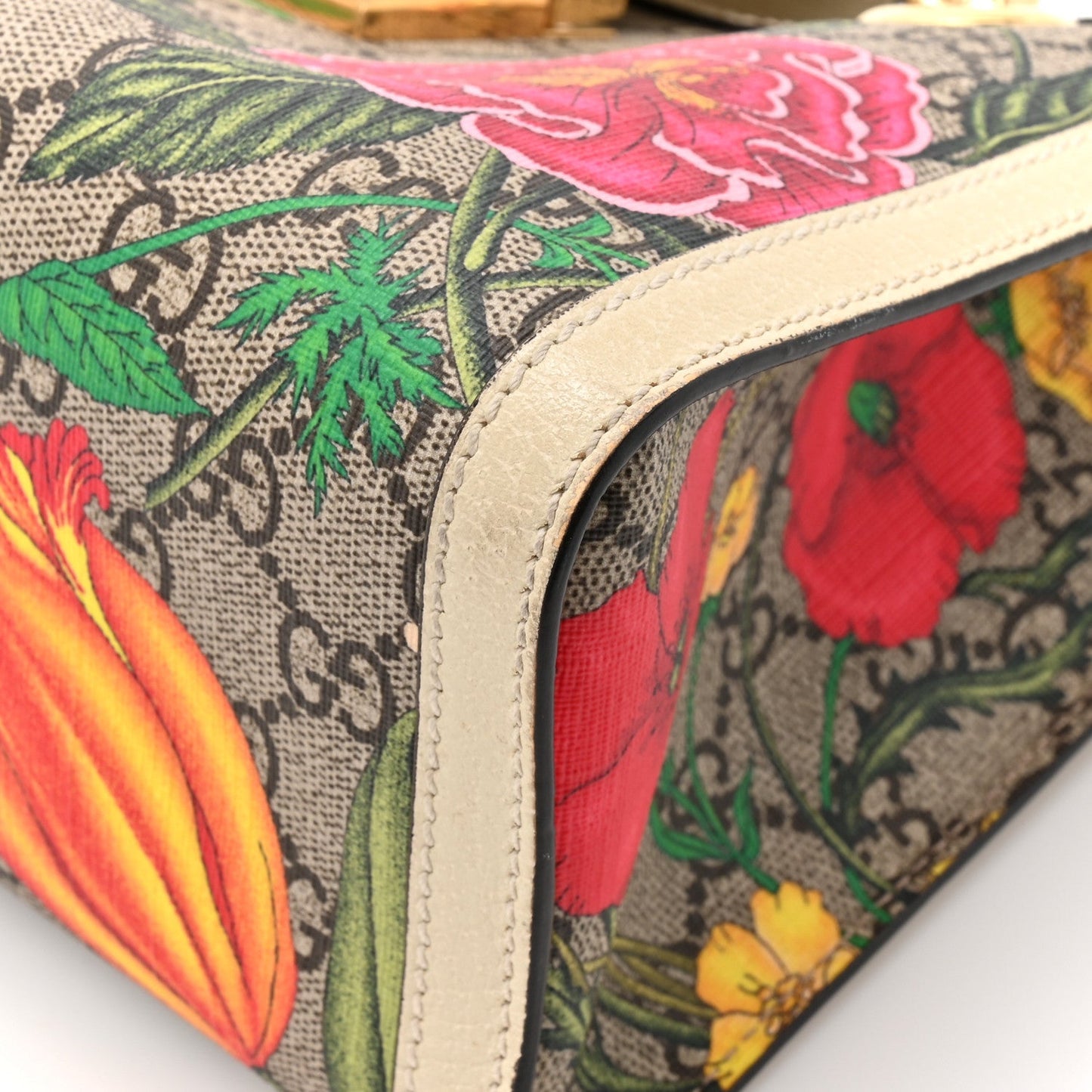 GG Supreme Monogram Flora Textured Calfskin Small Padlock Tote Beige Ebony Multicolor Mystic White