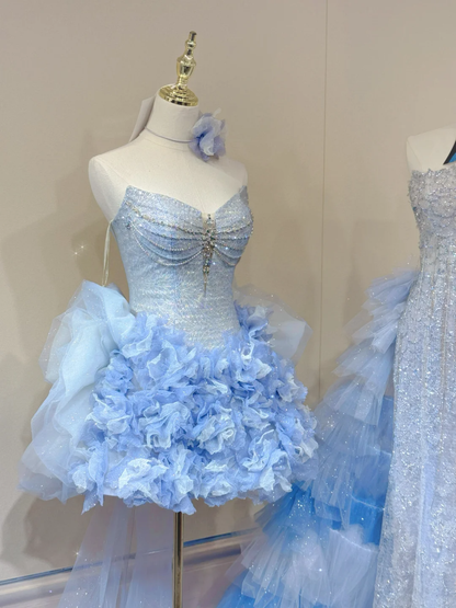 Light blue tube top with diamonds sexy waist slimming puffy skirt short skirt homecoming dress R4167