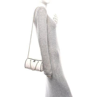 Lambskin Quilted Barrel Clutch With Chain White