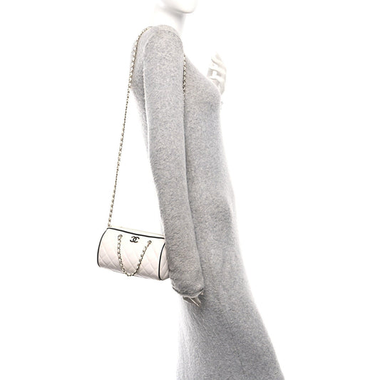 Lambskin Quilted Barrel Clutch With Chain White