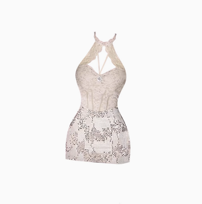 2025 Lace Sleeveless Halter Neck Dress with Waist Sequin Hip Short Skirt R1150