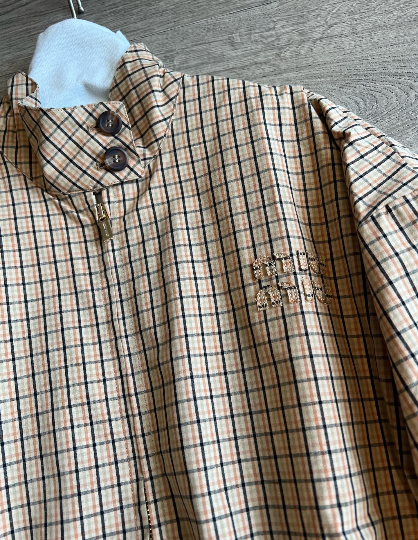 Miu Miu 25 Plaid Stand-up Collar Jacket Katun Pelapis
