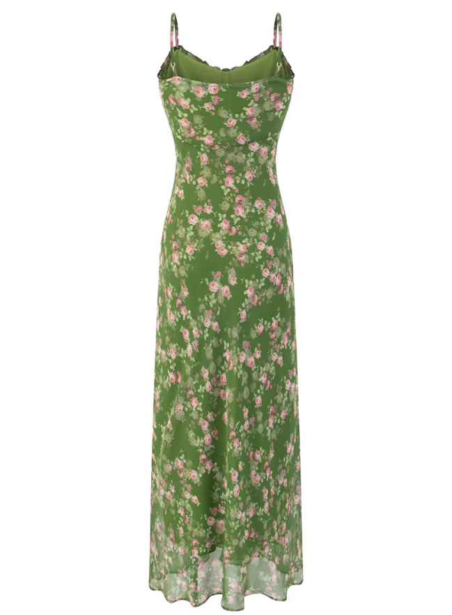 2025 Summer New Green Floral Seaside Vacation Mid-Length Suspender Dress R0941