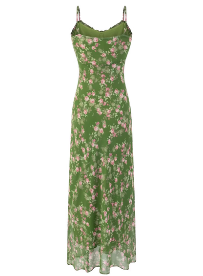 2025 Summer New Green Floral Seaside Vacation Mid-Length Suspender Dress R0941