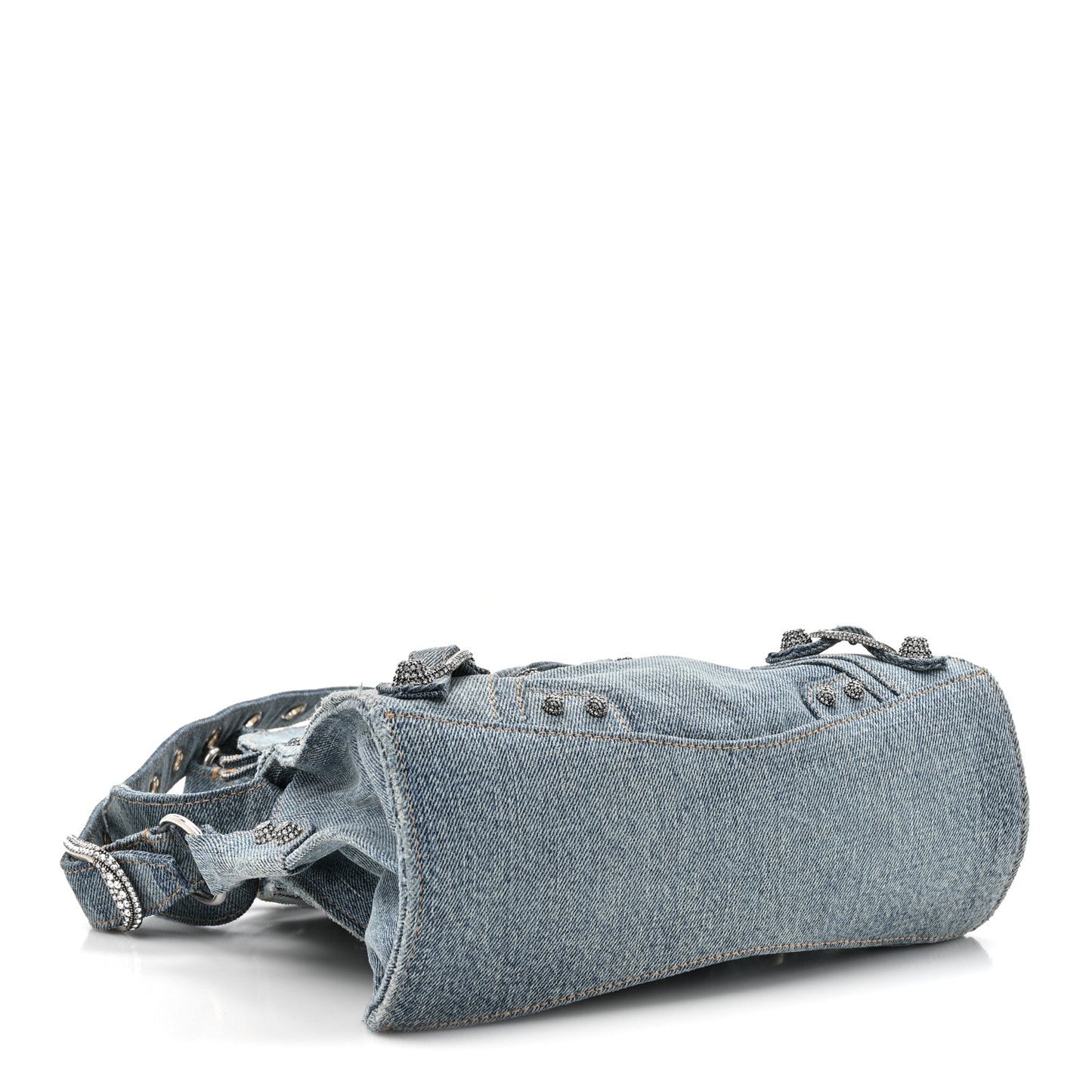 Washed Frayed Denim Crystal Neo Cagole Handbag XS Blue