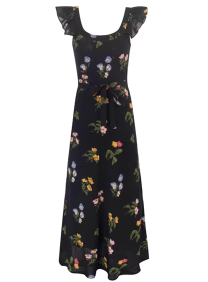 2025 summer new black floral waist slimming small flying sleeves holiday dress R0953
