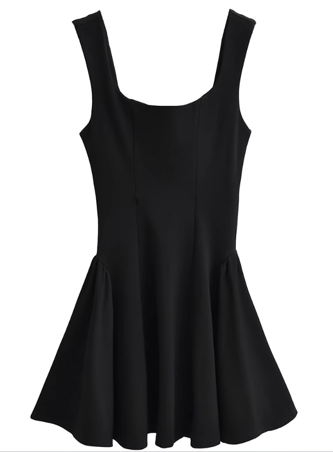 2025 Summer New French Black Dress Square Neck Waist Short Dress R0925