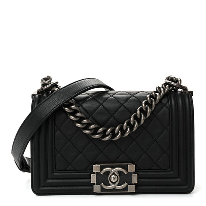 Calfskin Quilted Small Boy Flap Black