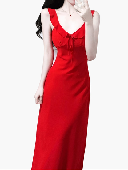 2025 Summer New Red Sexy Dress V-neck Date High-end Holiday Dress R0936