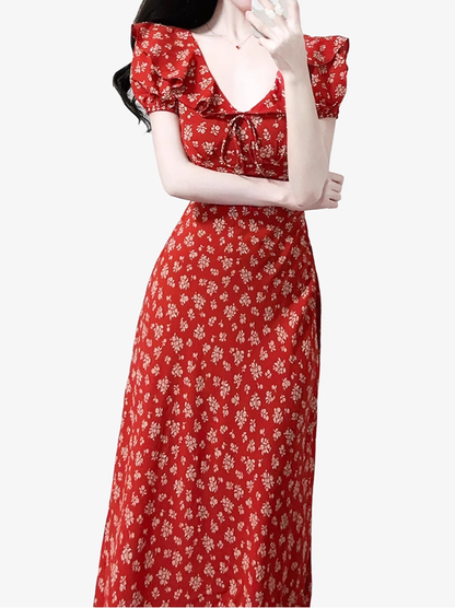 2025 Summer New Red Floral Tea Break Ruffled V-Neck French Waist Dress R0918