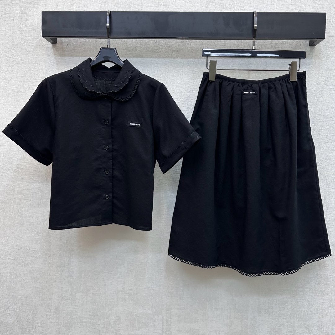 Miu SS26 Set Scalloped-Collar Shirt A-line Skirt Black Cotton Linen 351921