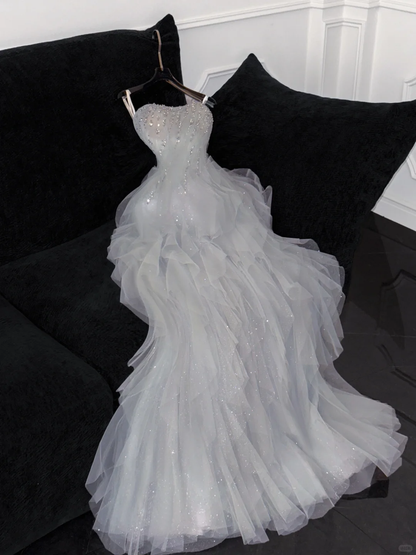 Fashion Sparkling White Beaded Sequin Mermaid Elegant Tulle Evening Dress Prom Dresses TP4158