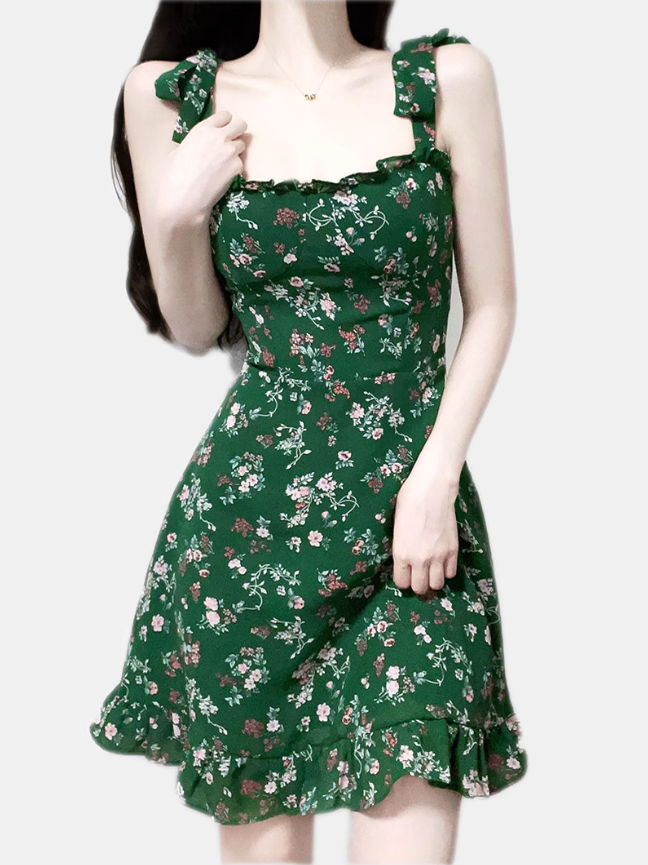 2025 Summer New Retro Green Floral Fungus Small A-line Suspender Dress R0926