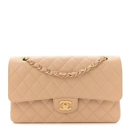 Caviar Quilted Medium Double Flap Beige
