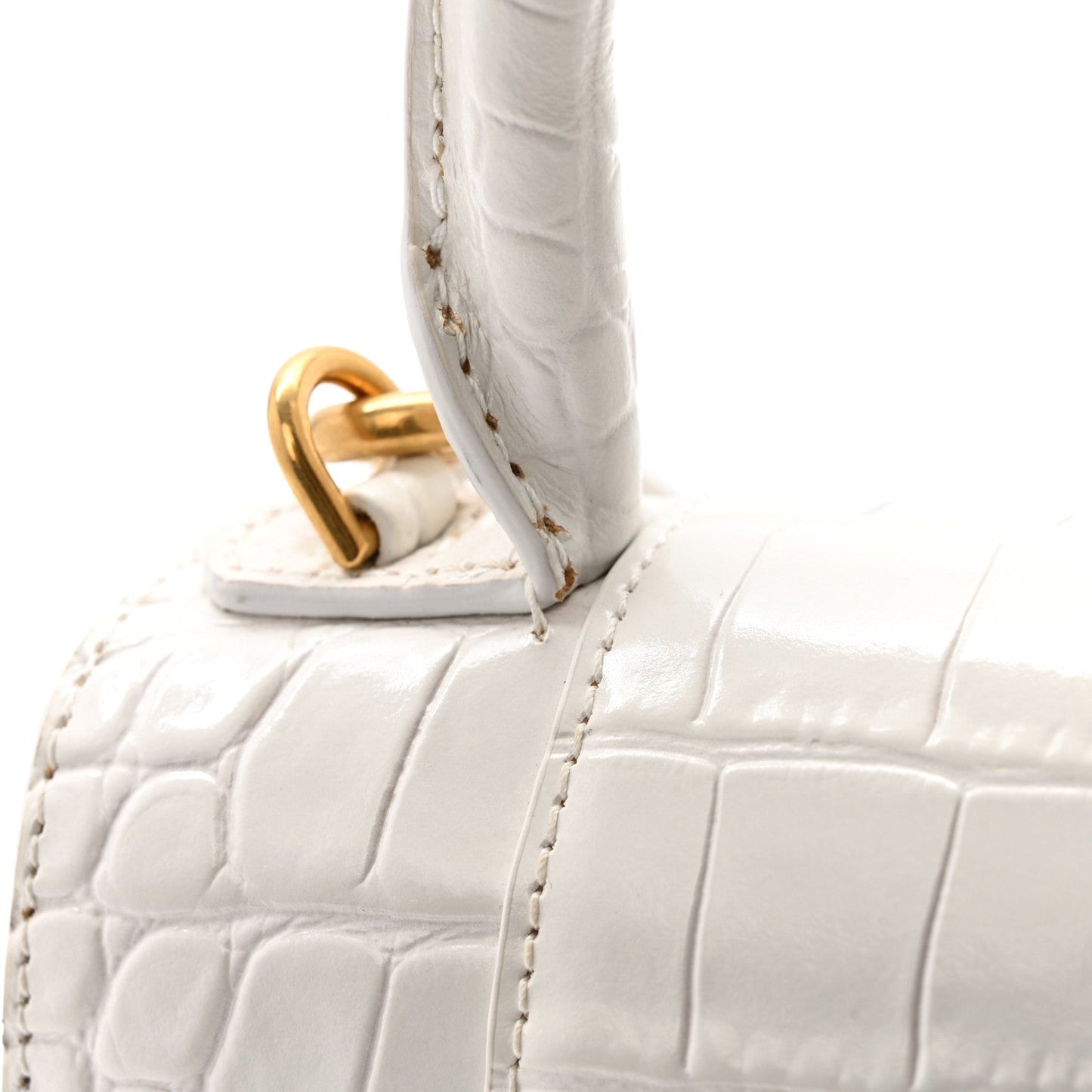 Shiny Calfskin Crocodile Embossed Hourglass Top Handle Bag XS White