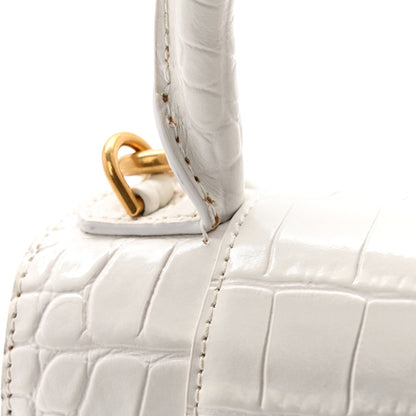 Shiny Calfskin Crocodile Embossed Hourglass Top Handle Bag XS White