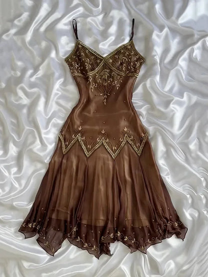 Vintage Embroidery Chiffon Spaghetti Strap Homecoming Dress Party Dress Cocktail Dress TP4681