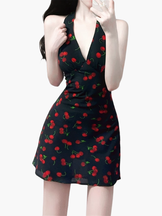 2025 Summer New Halter Backless Black Cherry V-Neck Retro Short Dress R0942