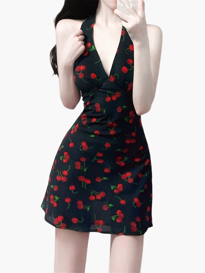 2025 Summer New Halter Backless Black Cherry V-Neck Retro Short Dress R0942