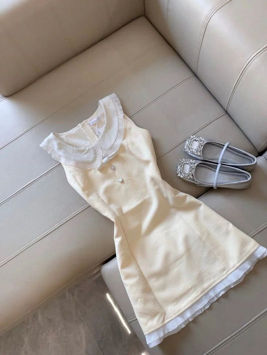 Light yellow baby doll neckline slim fit A-line short skirt homecoming dress R3932