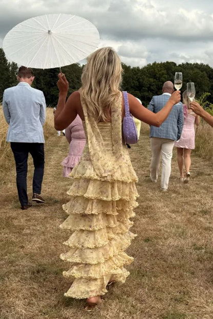Modest Sheath Strapless Yellow Chiffon Floral Long Prom Dresses Party Dress 22Th Birthday Outfits Graduation Dress,AST2274