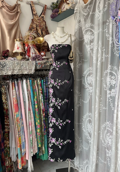 Vintage Black Floral Strapless Design Elegant Sheath Satin Long Evening Dress Prom Dresses TP4201