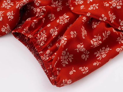 2025 Summer New Red Floral Tea Break Ruffled V-Neck French Waist Dress R0918