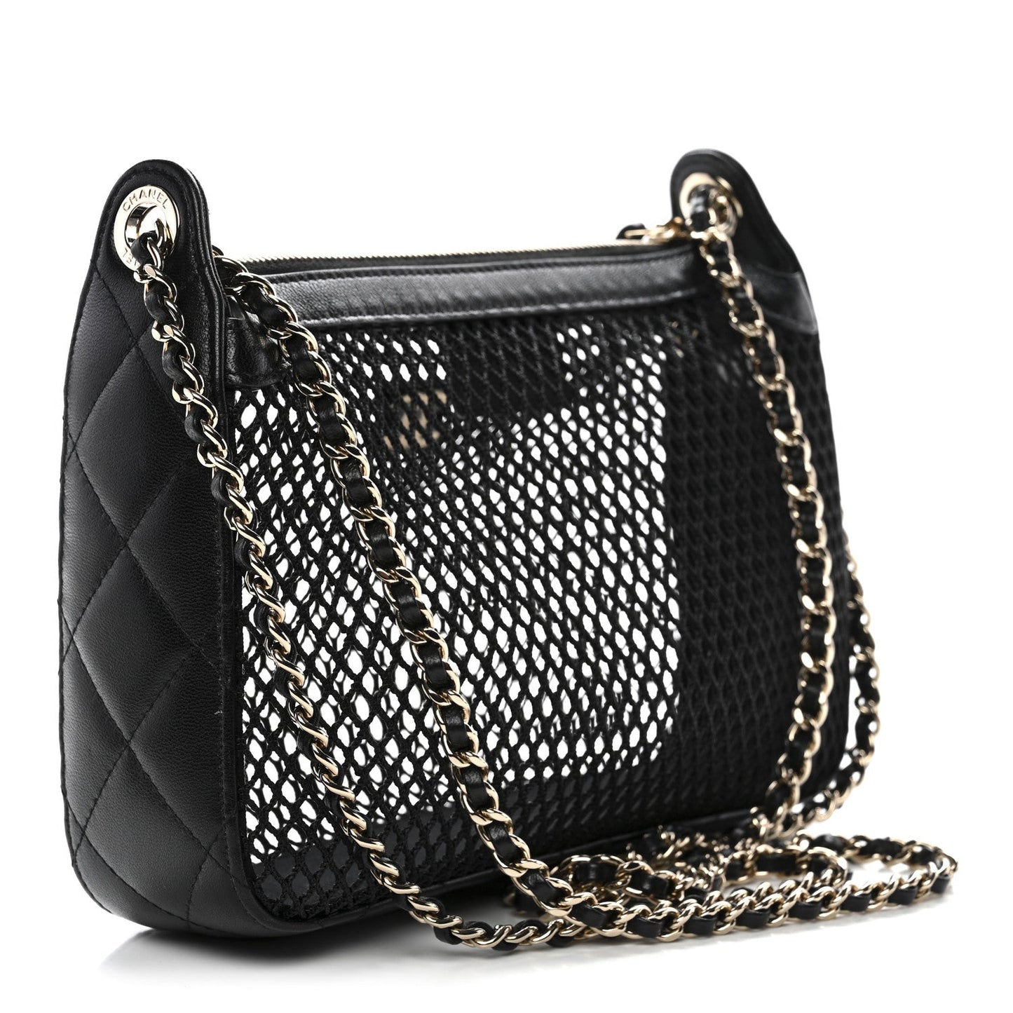 Mesh Shiny Lambskin Clutch With Chain Black