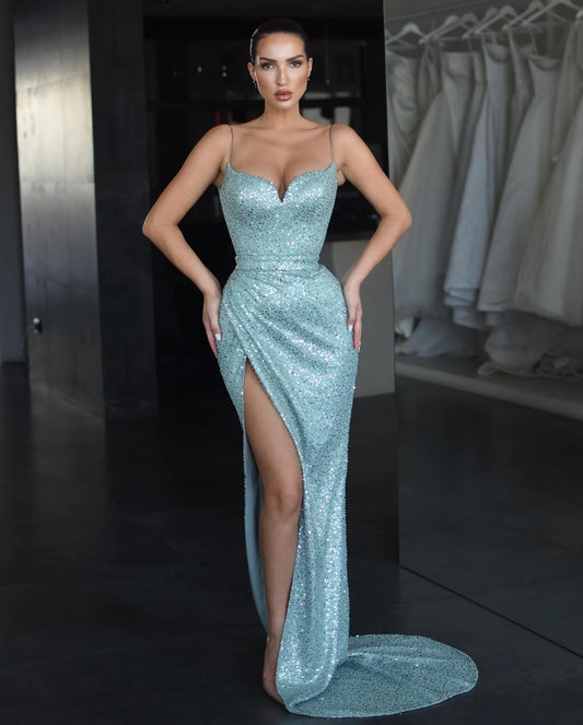 omberprom Elegant Blue Mermaid Prom Dresses Spaghetti Sequins Evening Dress Lace Up Back Pleats Split Formal Long Special Occasion Party dress