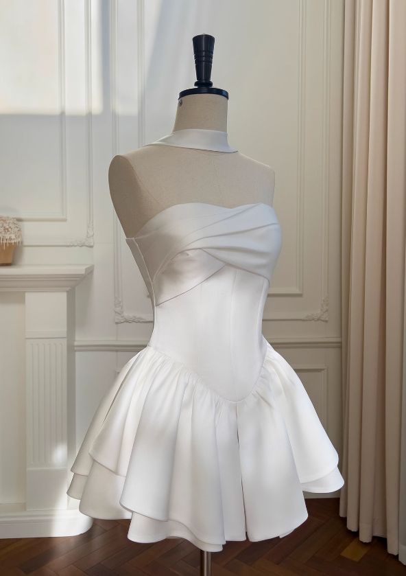 White bandeau smooth satin slim-fitting A-line homecoming dress R2514
