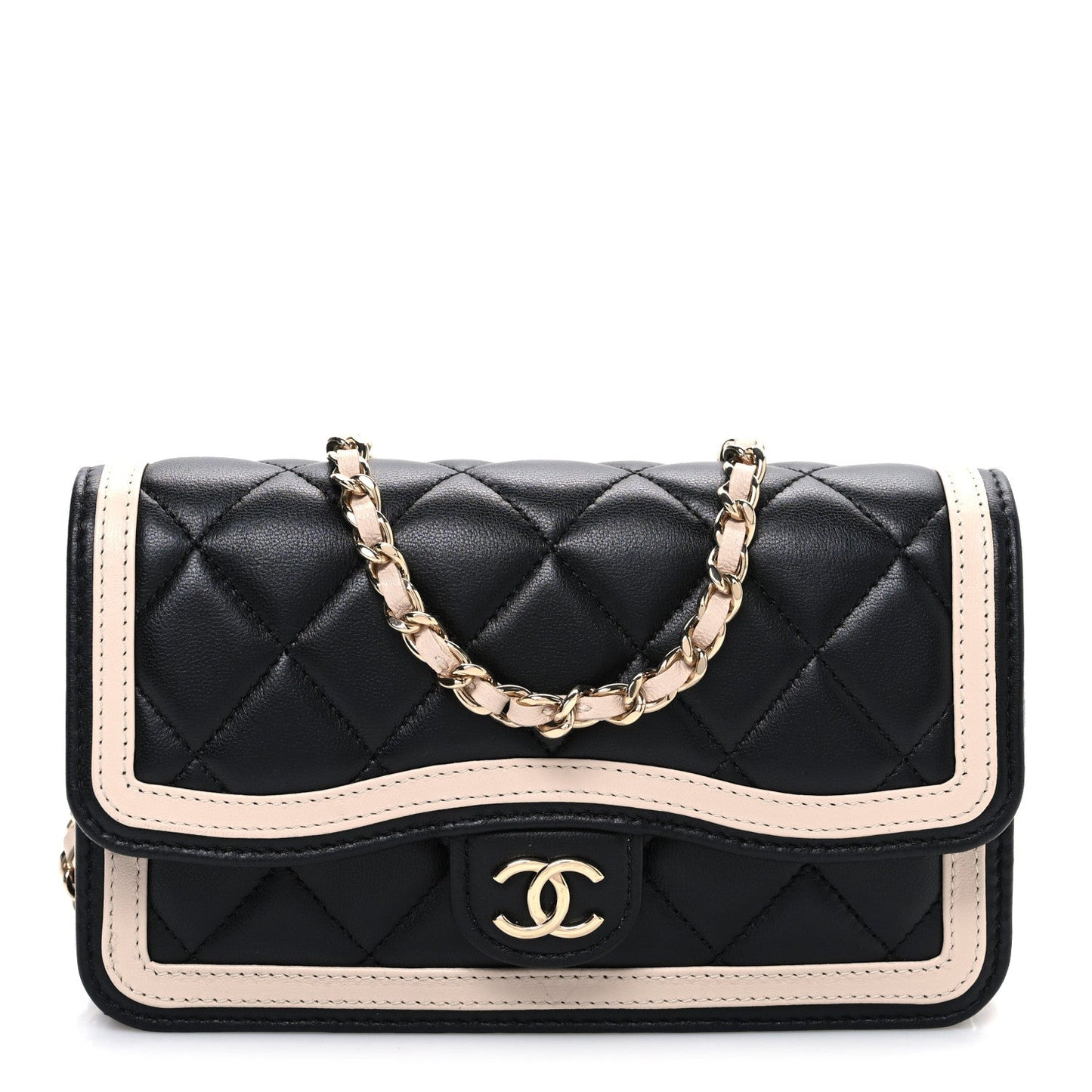 Lambskin Quilted Phone Holder Wallet With Chain Black Beige