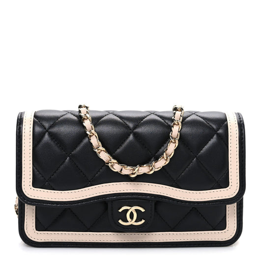 Lambskin Quilted Phone Holder Wallet With Chain Black Beige